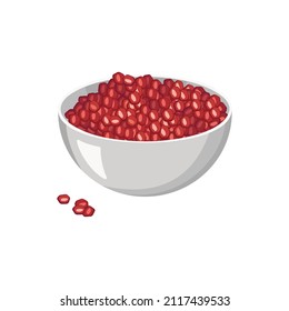 Bowl with peeled pomegranate seeds. Useful fruits for proper nutrition. Sweet food for diet. Vector flat illustration