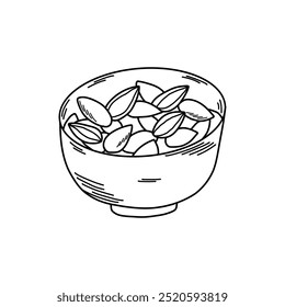 Bowl with peeled sunflower seeds in line art style on white background