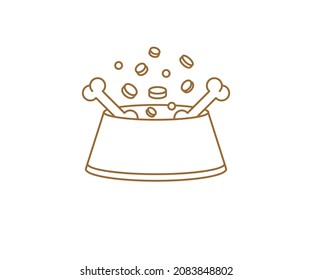 A bowl of pet food and dog biscuits. Outline image. Close-up. There is free space for text. Vector illustration.