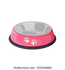 Bowl for pet food, milk or water vector illustration. Cartoon isolated empty metal pink plate with paw symbols for eating dry snacks, treat and dishes for hungry cat or dog, object of petshop