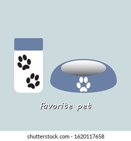 Bowl for pet food. Vector flat illustration with the inscription.