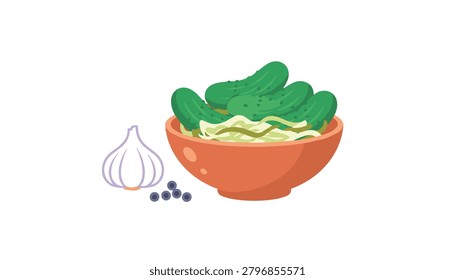 Bowl of pickled cucumbers and shredded cabbage, served with a whole garlic bulb and black peppercorns as a traditional savory side dish or appetizer.