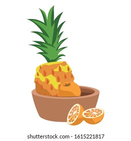 bowl with pineapple and oranges over white background, vector illustration