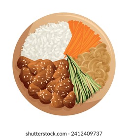 Bowl plate with chicken teriyaki, cucumber, carrot, mushrooms and rice. Healthy eating, nutrition, diet, cooking, breakfast menu, fresh food concept. Vector illustration for banner, menu, poster.