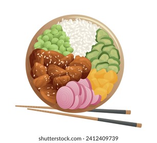 Bowl plate with chicken, vegetables, fruits and rice. Healthy eating, nutrition, diet, cooking, breakfast menu, fresh food concept. Vector illustration for banner, menu, poster.