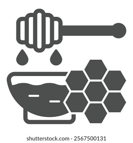Bowl plate with honey and spoon solid icon, natural sweets concept. Vector graphics. Sweet honey sign on white background, glyph style icon for mobile or web design