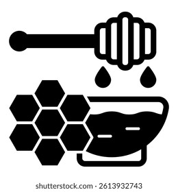 Bowl plate with honey and spoon solid icon, natural sweets concept. Vector graphics. Sweet honey sign on white background, glyph style mobile or design