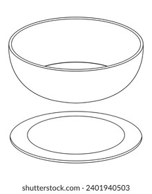 A bowl and a plate in otline and vector format.