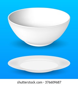 Bowl and plate, realistic vector illustration