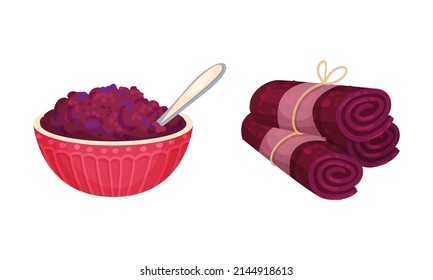 Bowl of plum puree and marmalade vector illustration