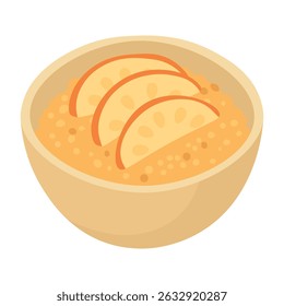 Bowl of porridge with fruit slices, flat cartoon style healthy and tasty food illustration.