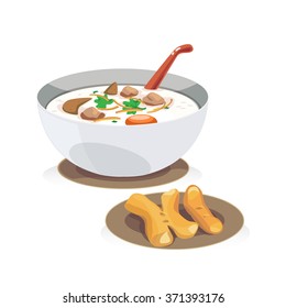 A bowl of porridge with pork , liver, egg and deep fried dough stick.