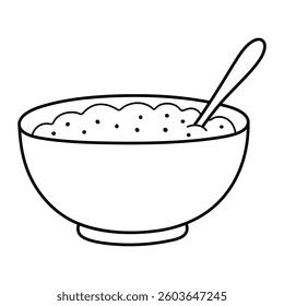 Bowl of porridge vector illustration. Hand-drawn breakfast food in doodle style. Black line art isolated on white background.