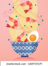 a bowl of prawn/ seafood noodles illustration/vector