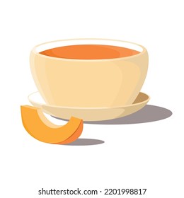 Bowl of pumpkin cream soup with piece of vegetable. Orange food. Isolated objects on a white. With shadow. Autumn. Fall. Harvest. Vector illustration.