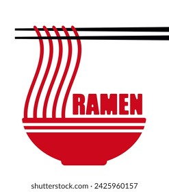 Cuenco con ramen y con palillo con texto ramen