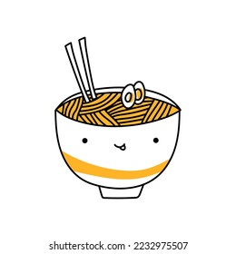 Сharming bowl ramen with chopsticks. Cartoon Chinese Cute noodles. Doodle kawaii Ramen vector illustration
