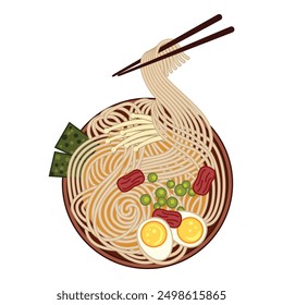 Bowl of ramen with chopsticks lifting noodles, eggs, and vegetables in broth