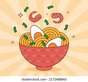 Bowl of ramen. Delicious and healthy food. Japanese dish with noodles, shrimp and egg. Soup in red plate. Traditional Asian cuisine. Design element for cafe. Cartoon flat vector illustration.
