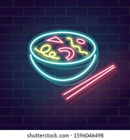 Bowl of ramen. Neon cyberpunk asian noodles icon. Stylish geometric symbols in bowl. Square image for poster, flyer, banner, social network post.