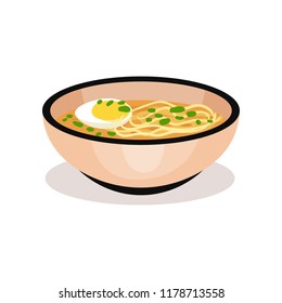 Bowl of ramen. Noodle with boiled egg. Traditional Japanese dish. Asian food. Flat vector for menu or promo poster