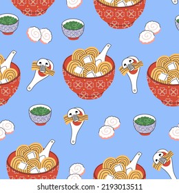 Bowl ramen noodle with tofu, spoon of soup with mushrooms, eggs, souse. Seamless pattern. Traditional asian food. Hand drawn color vector illustration isolated on blue background. Flat cartoon style.