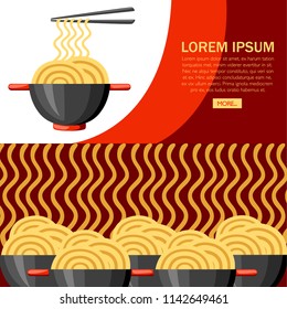 Bowl with ramen noodles. Asian food. Black bowl with red handle. Big group of bowls with noodles. Flat vector illustration on textured background. Concept design for website or advertising.