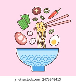 Bowl of ramen noodles with meat, egg, seaweed, chili and scallions. Vector illustration of tasty Asian dish in trendy colorful style.