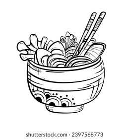 Bowl of ramen with noodles, meat, eggs and mushrooms. Traditional asian food in hand drawn graphic style. Translation: Ramen.
