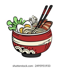 Bowl of ramen with noodles, meat, eggs and mushrooms. Traditional Asian food in hand drawn style. Translation: Ramen	
