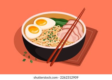 Bowl of ramen noodles with pork and egg. Asian cuisine. Isolated vector illustration