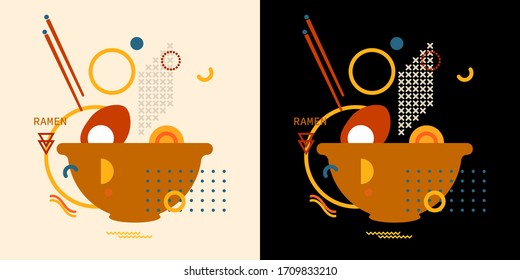 Bowl of ramen noodles soup with a pair of chopsticks icon thin line for web and mobile, modern minimalistic flat geometric memphis design. Clip art for menu, poster, print, banner