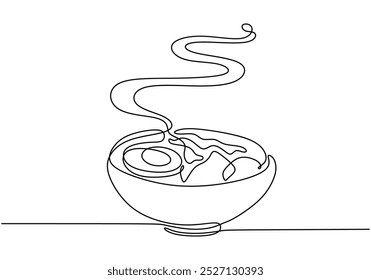 Tigela de ramen em um desenho de linha contínua. Design minimalista para cozinha asiática e comida de conforto. Ilustração desenhada à mão para deleite culinário.