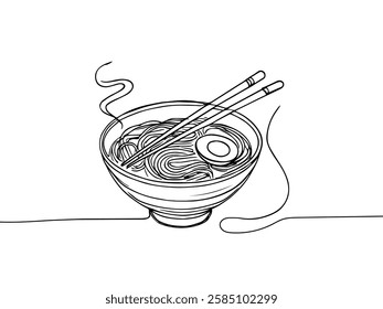 Bowl of ramen in one continuous line drawing. Minimalist design for Asian cuisine and comfort food. Hand-drawn illustration for culinary delight.