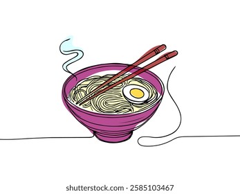 Bowl of ramen in one continuous line drawing. Minimalist design for Asian cuisine and comfort food. Hand-drawn illustration for culinary delight.