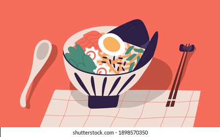 Bowl with ramen served with chopsticks and spoon. Japanese noodle soup with shrimps, salmon, egg, nori, spinach and sesame seeds. Traditional Asian food. Colored flat vector illustration