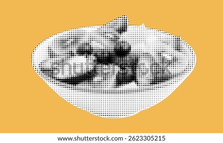 A bowl of ramen sits enticingly, showcasing noodles, vegetables, and broth. The artwork employs a striking halftone technique against a bright backdrop, merging food with pop art aesthetics.