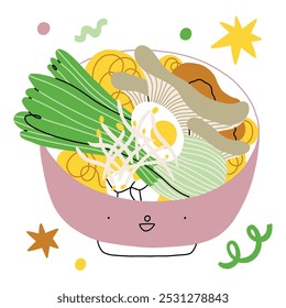 Un bol de ramen con verduras, tofu y champiñones. Colores pastel. Sabrosa comida asiática. Ilustración vectorial linda del carácter de la historieta, aislada en el fondo blanco