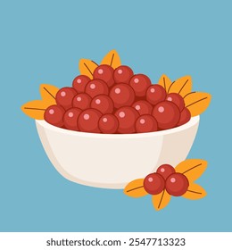 A bowl of red autumn berries. Cranberry, viburnum, rowan, red currant in a white porcelain bowl. Autumn harvest. Blue background.