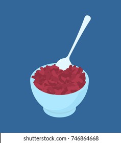 Bowl of red bean porridge and spoon isolated. Healthy food for breakfast. Vector illustration