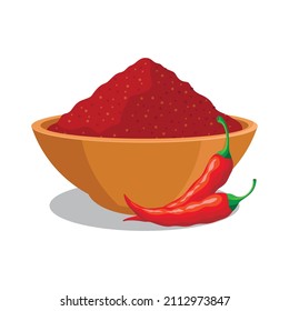 A bowl of red chili powder with whole red chili illustration 