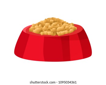 Bowl of red color with cat or dog food, nourishment meal prepared for domestic pets, animals dishware icon vector illustration isolated on white background