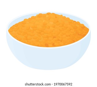 Bowl of red lentils isolated on white. Cartoon vector food illustration.