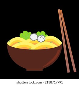 Bowl of red noodles, meatballs, vegetables and chopsticks