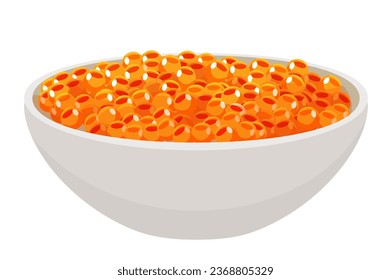 Bowl with red salmon caviar. Delicacy seafood, healthy luxury delicacy cartoon vector illustration