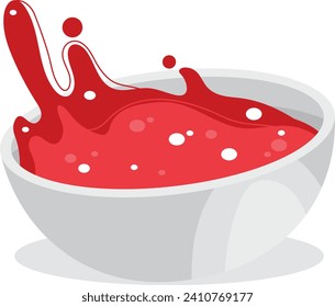 Bowl of red salsa splash, fresh tomato sauce splatter. Hot spicy dip, Mexican cuisine, food illustration.