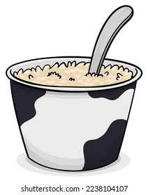 Bowl resembling a cow mottled coat texture, with delicious rice pudding with a spoon, ready to eat it.