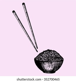 bowl of rice and chopstick, Chinese food, doodle style, sketch illustration, hand drawn, vector