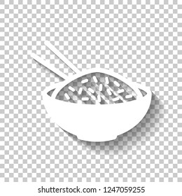 Bowl of rice with chopsticks. Icon of asian food. White icon with shadow on transparent background