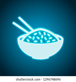 Bowl of rice with chopsticks. Icon of asian food. Neon style. Light decoration icon. Bright electric symbol